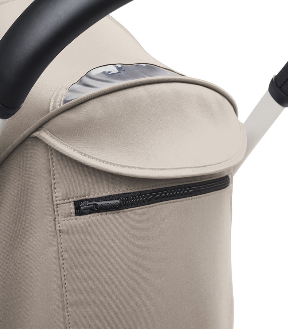 Stokke® YOYO3® 6+ Taupe. White Frame. Canopy ventilation closed, close-up. galery image 7